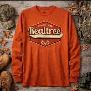 NEW Realtree Men's Long Sleeve Tee Shirt Size Medium Orange Logo Deer Antlers